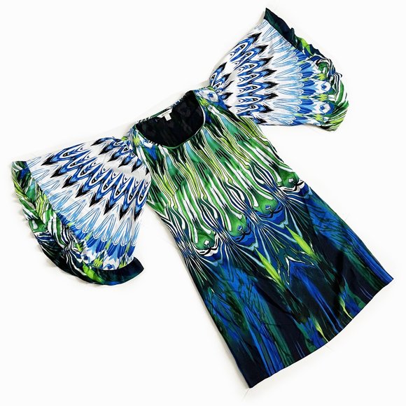 Boston Proper Dress Angel Sleeves Abstract Peacock Print Boho - Picture 1 of 9